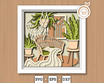 3D Boho Chair Shadow Box, Boho Room Shadow Box, SVG Layered Boho SVG, Boho Plants 3D Svg, 3D Boho Cats SVG, Papercut svg, Cricut Silhouette