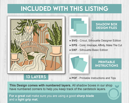 3D Boho Chair Shadow Box, Boho Room Shadow Box, SVG Layered Boho SVG, Boho Plants 3D Svg, 3D Boho Cats SVG, Papercut svg, Cricut Silhouette