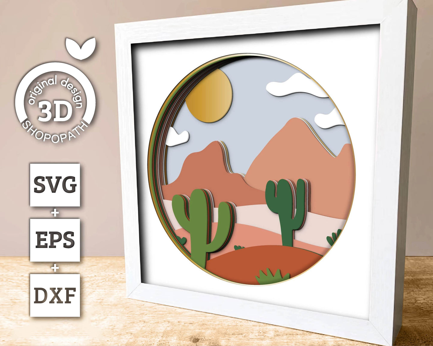 Boho Desert Landscape Shadow Box 3D SVG with Cactus and Canyons, Layered Cutting Files DXF EPS for Cricut Silhouette Brother