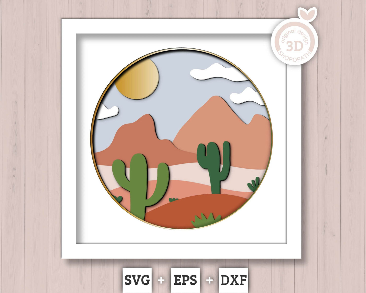 Boho Desert Landscape Shadow Box 3D SVG with Cactus and Canyons, Layered Cutting Files DXF EPS for Cricut Silhouette Brother