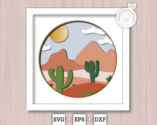 Boho Desert Landscape Shadow Box 3D SVG with Cactus and Canyons, Layered Cutting Files DXF EPS for Cricut Silhouette Brother