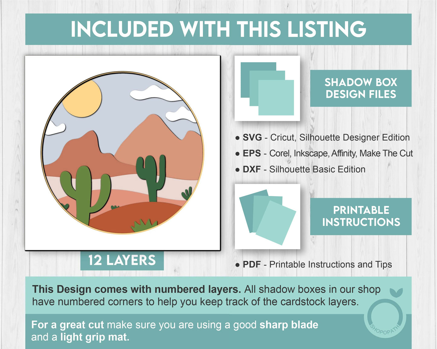 Boho Desert Landscape Shadow Box 3D SVG with Cactus and Canyons, Layered Cutting Files DXF EPS for Cricut Silhouette Brother