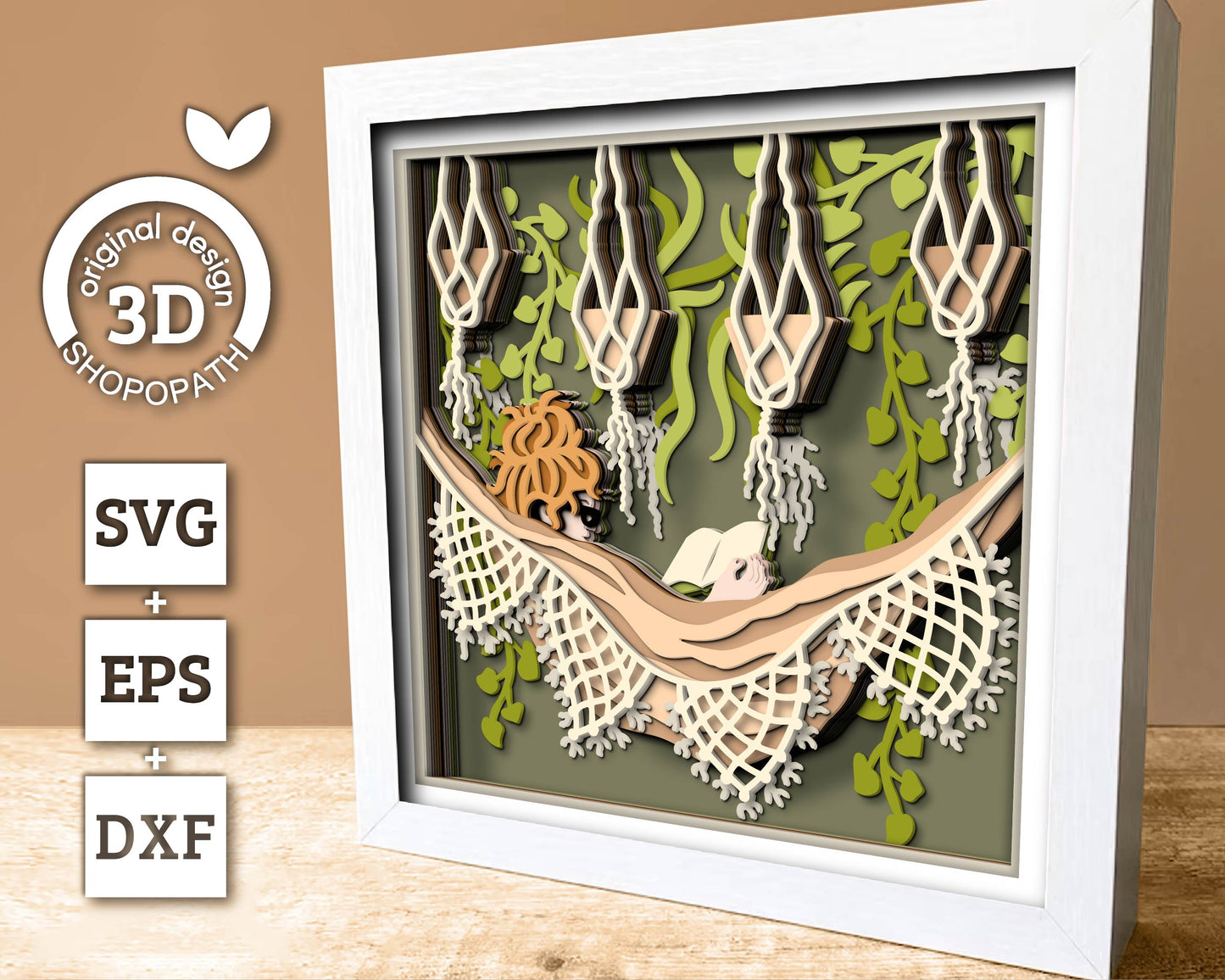 3D Boho Girl Reading In Hammock Shadow Box SVG, Layered Boho SVG, Boho Room Shadow Box, Boho Plants 3D Svg, Papercut svg, Cricut Silhouette