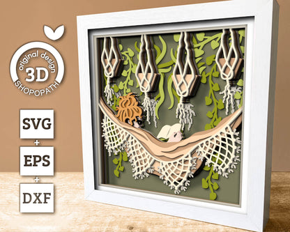 3D Boho Girl Reading In Hammock Shadow Box SVG, Layered Boho SVG, Boho Room Shadow Box, Boho Plants 3D Svg, Papercut svg, Cricut Silhouette