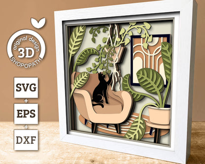 3D Boho Living Room Shadow Box SVG Layered Boho SVG, Boho Room Shadow Box, Boho Plants 3D Svg, Boho Cat Svg, Papercut svg Cricut Silhouette