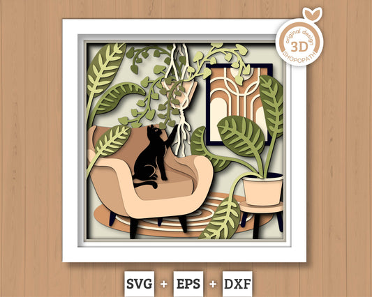 3D Boho Living Room Shadow Box SVG Layered Boho SVG, Boho Room Shadow Box, Boho Plants 3D Svg, Boho Cat Svg, Papercut svg Cricut Silhouette