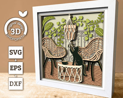 3D Boho Patio Shadow Box SVG Layered Boho SVG, Boho Room Shadow Box, Boho Plants 3D Svg, 3D Boho Cats SVG, Papercut svg, Cricut Silhouette