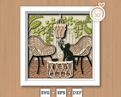 3D Boho Patio Shadow Box SVG Layered Boho SVG, Boho Room Shadow Box, Boho Plants 3D Svg, 3D Boho Cats SVG, Papercut svg, Cricut Silhouette