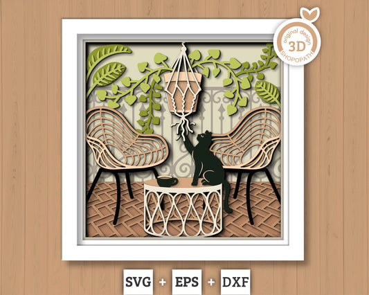 3D Boho Patio Shadow Box SVG Layered Boho SVG, Boho Room Shadow Box, Boho Plants 3D Svg, 3D Boho Cats SVG, Papercut svg, Cricut Silhouette