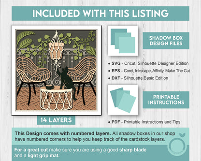 3D Boho Patio Shadow Box SVG Layered Boho SVG, Boho Room Shadow Box, Boho Plants 3D Svg, 3D Boho Cats SVG, Papercut svg, Cricut Silhouette