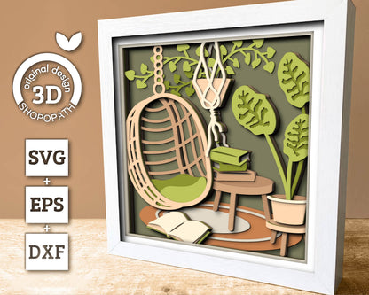 3D Boho Reading Nook Shadow Box SVG, Layered Boho SVG, Boho Room Shadow Box, Boho Plants 3D Svg, Papercut svg, Cricut Silhouette