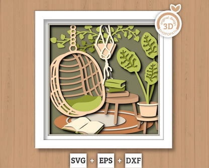 3D Boho Reading Nook Shadow Box SVG, Layered Boho SVG, Boho Room Shadow Box, Boho Plants 3D Svg, Papercut svg, Cricut Silhouette