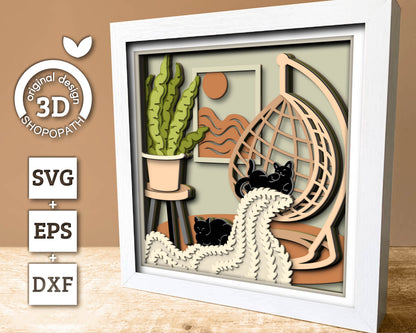 Boho Swing Chair with Cats - 3D Shadow Box Layered SVG DXF EPS (Cutting Files)