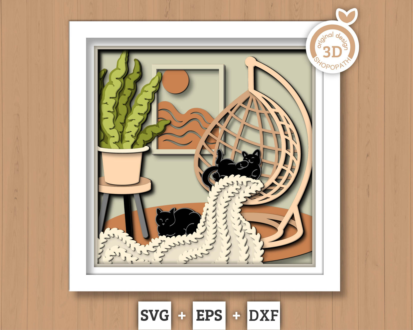Boho Swing Chair with Cats - 3D Shadow Box Layered SVG DXF EPS (Cutting Files)