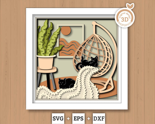 Boho Swing Chair with Cats - 3D Shadow Box Layered SVG DXF EPS (Cutting Files)