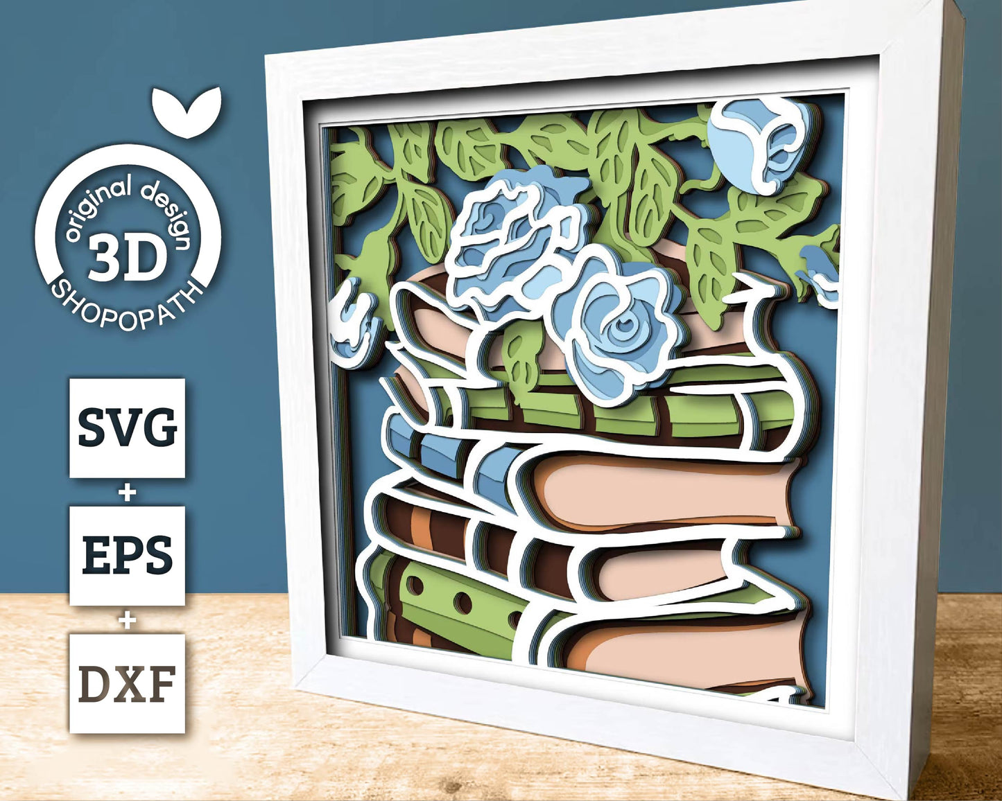 Books Stack with Roses - 3D Shadow Box Layered SVG DXF EPS (Cutting Files)
