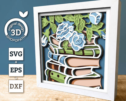 Books Stack with Roses - 3D Shadow Box Layered SVG DXF EPS (Cutting Files)