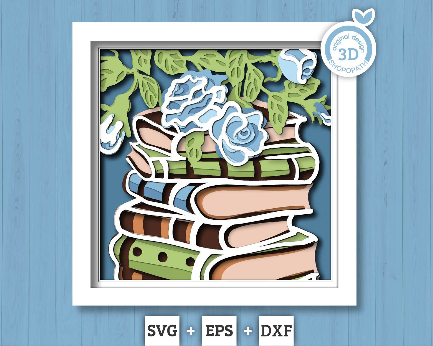 Books Stack with Roses - 3D Shadow Box Layered SVG DXF EPS (Cutting Files)