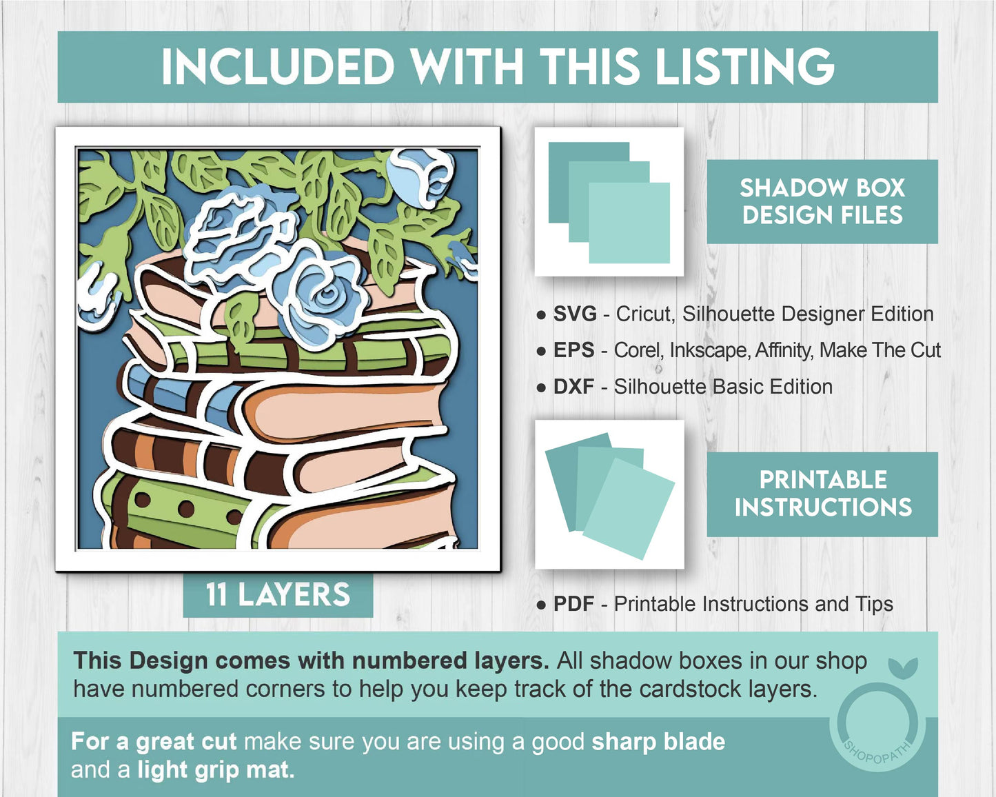 Books Stack with Roses - 3D Shadow Box Layered SVG DXF EPS (Cutting Files)