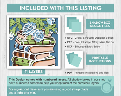 Books Stack with Roses - 3D Shadow Box Layered SVG DXF EPS (Cutting Files)