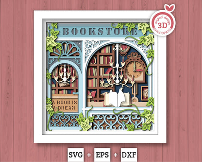 3D SVG Book Store Shadow Box, Books 3D Svg, Reading 3d Svg, Books Shadow Box, Library Store Papercut Layered 3D Svg, Cricut Silhouette