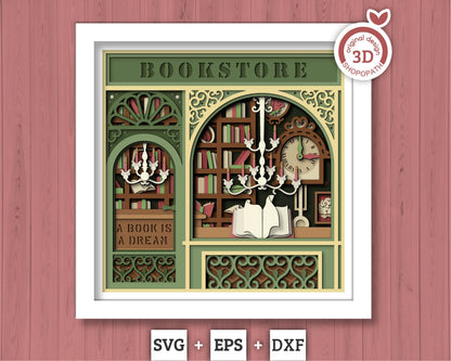 3D SVG Book Store Shadow Box, Books 3D Svg, Reading 3d Svg, Books Shadow Box, Library Store Papercut Layered 3D Svg, Cricut Silhouette