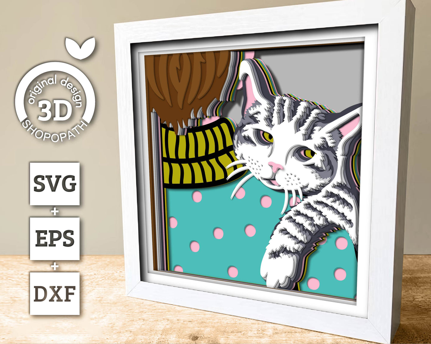 Tabby Cat on Man Shoulder - 3D Shadow Box Layered SVG DXF EPS (Cutting Files)