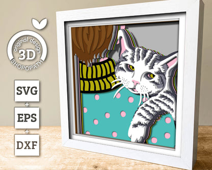 Tabby Cat on Man Shoulder - 3D Shadow Box Layered SVG DXF EPS (Cutting Files)