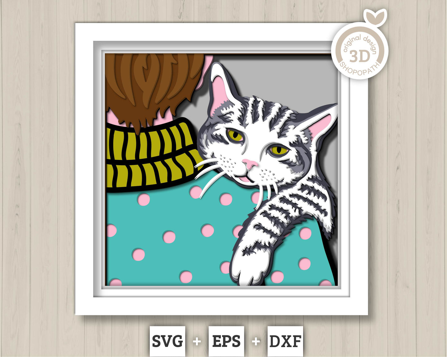Tabby Cat on Man Shoulder - 3D Shadow Box Layered SVG DXF EPS (Cutting Files)