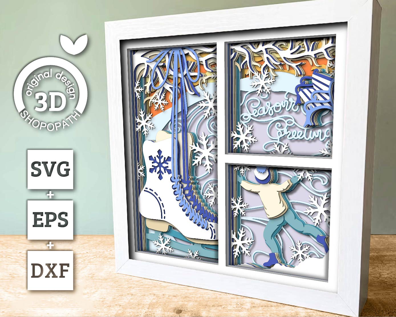 3D SVG Boy Ice Skating Shadow Box, Layered Winter Shadow Box Svg, Snowflakes 3D Svg Skates 3d Svg Christmas Shadow Box svg Cricut Silhouette