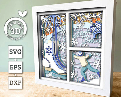 3D SVG Boy Ice Skating Shadow Box, Layered Winter Shadow Box Svg, Snowflakes 3D Svg Skates 3d Svg Christmas Shadow Box svg Cricut Silhouette