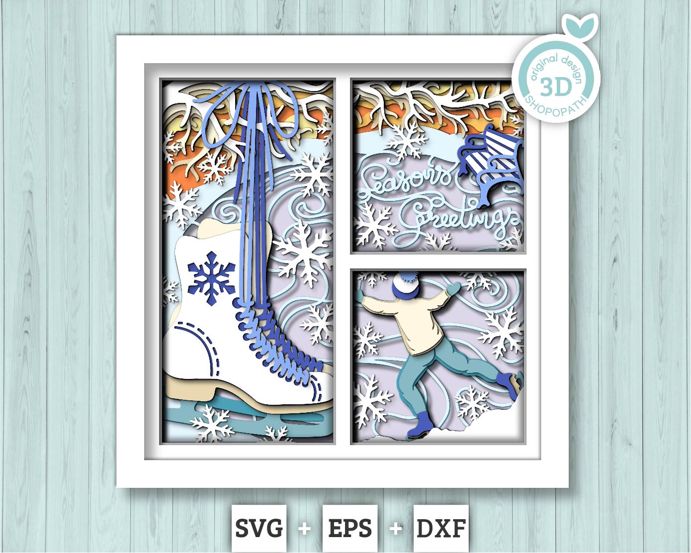 3D SVG Boy Ice Skating Shadow Box, Layered Winter Shadow Box Svg, Snowflakes 3D Svg Skates 3d Svg Christmas Shadow Box svg Cricut Silhouette