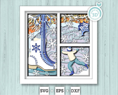 3D SVG Boy Ice Skating Shadow Box, Layered Winter Shadow Box Svg, Snowflakes 3D Svg Skates 3d Svg Christmas Shadow Box svg Cricut Silhouette