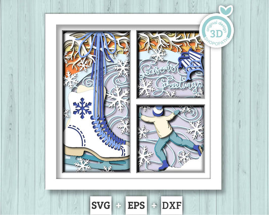 3D SVG Boy Ice Skating Shadow Box, Layered Winter Shadow Box Svg, Snowflakes 3D Svg Skates 3d Svg Christmas Shadow Box svg Cricut Silhouette