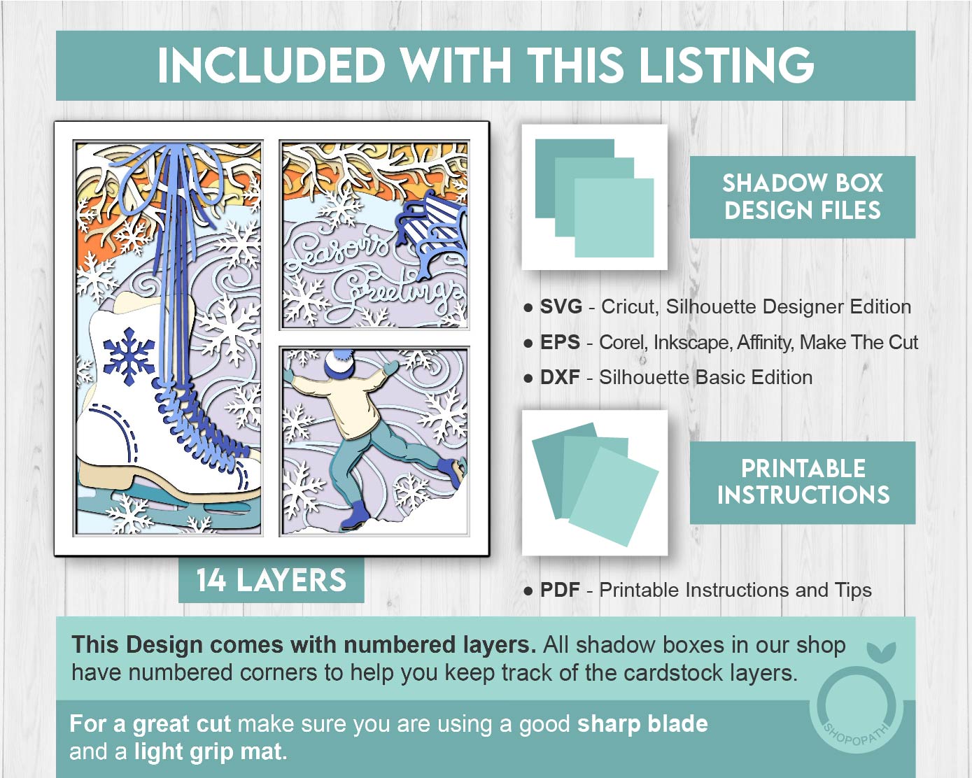 3D SVG Boy Ice Skating Shadow Box, Layered Winter Shadow Box Svg, Snowflakes 3D Svg Skates 3d Svg Christmas Shadow Box svg Cricut Silhouette