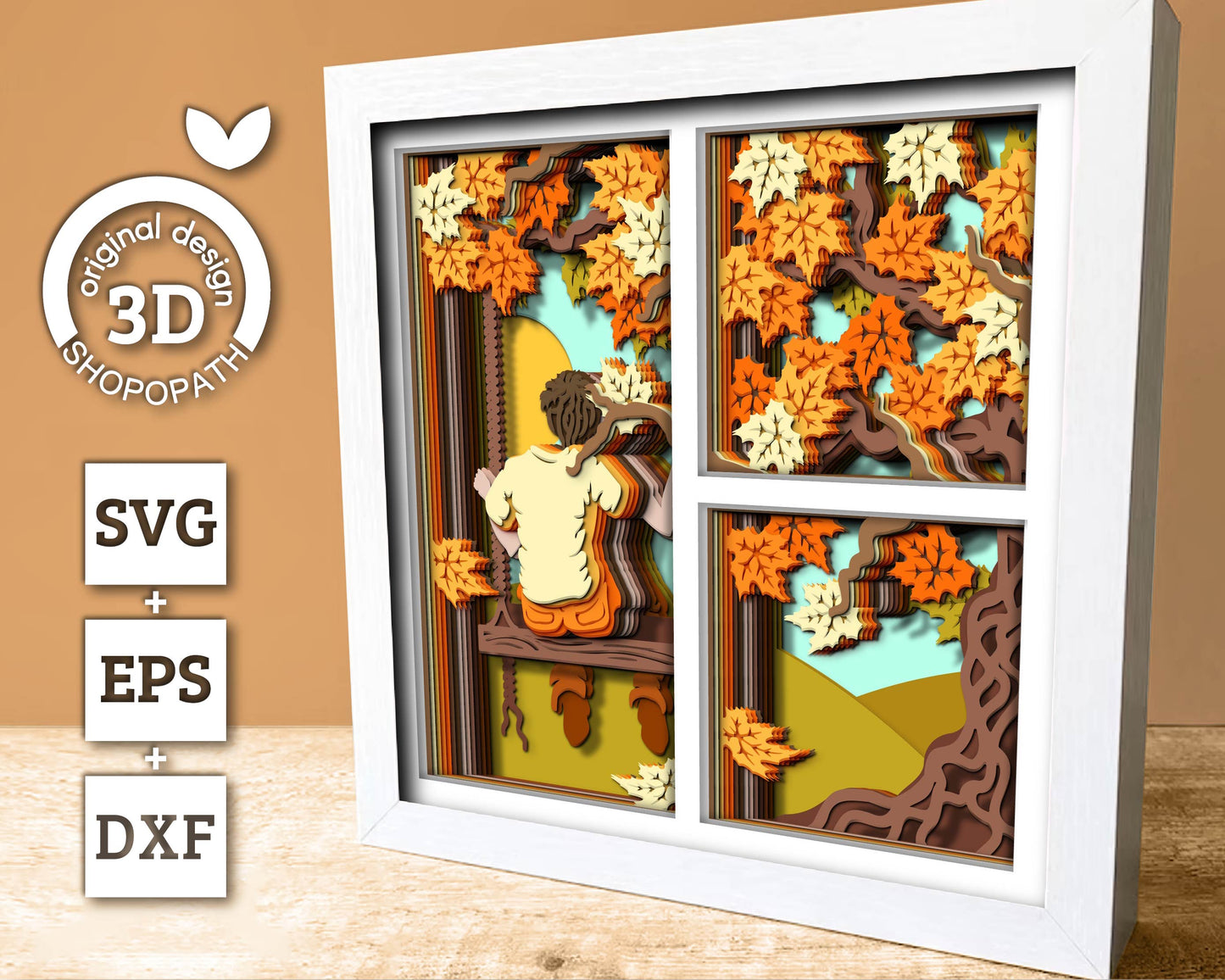 3D SVG Boy On Swing Under Autumn Tree Shadow Box, 3D Autumn SVG, Leaves 3D svg, Foliage 3D SVG, 3D Autumn Shadow Box, Cricut Silhouette