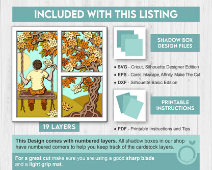 3D SVG Boy On Swing Under Autumn Tree Shadow Box, 3D Autumn SVG, Leaves 3D svg, Foliage 3D SVG, 3D Autumn Shadow Box, Cricut Silhouette