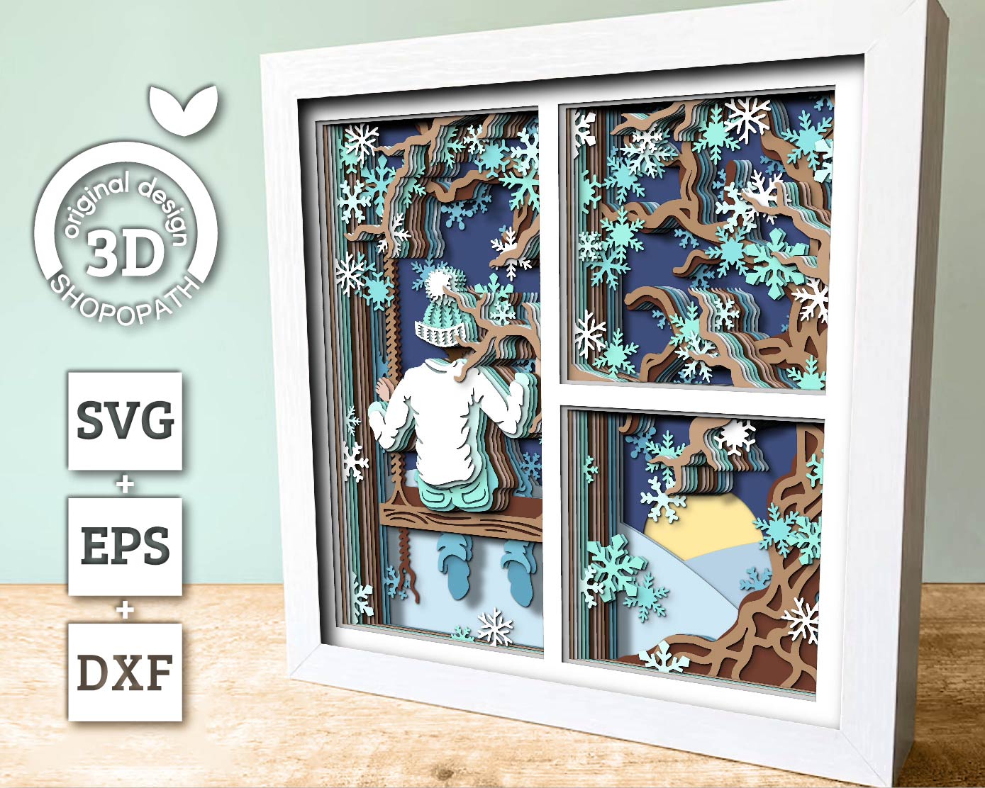 3D SVG Boy On Swing Under Winter Tree Shadow Box, 3D SVG Winter, Snow 3D svg, Snowfall 3D SVG, 3D Winter Shadow Box, Cricut Silhouette
