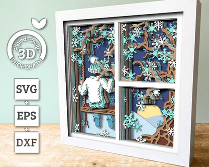 3D SVG Boy On Swing Under Winter Tree Shadow Box, 3D SVG Winter, Snow 3D svg, Snowfall 3D SVG, 3D Winter Shadow Box, Cricut Silhouette