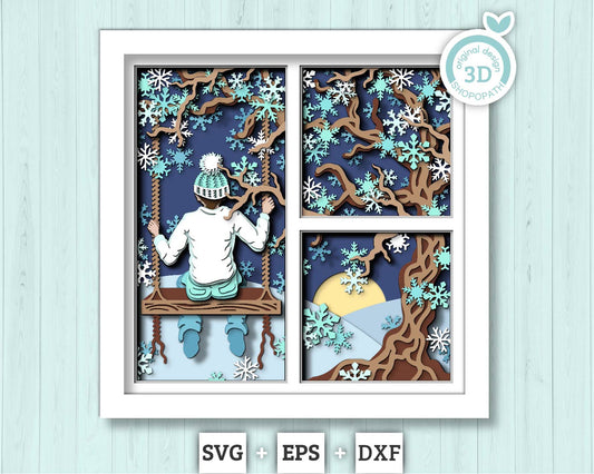 3D SVG Boy On Swing Under Winter Tree Shadow Box, 3D SVG Winter, Snow 3D svg, Snowfall 3D SVG, 3D Winter Shadow Box, Cricut Silhouette