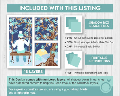 3D SVG Boy On Swing Under Winter Tree Shadow Box, 3D SVG Winter, Snow 3D svg, Snowfall 3D SVG, 3D Winter Shadow Box, Cricut Silhouette