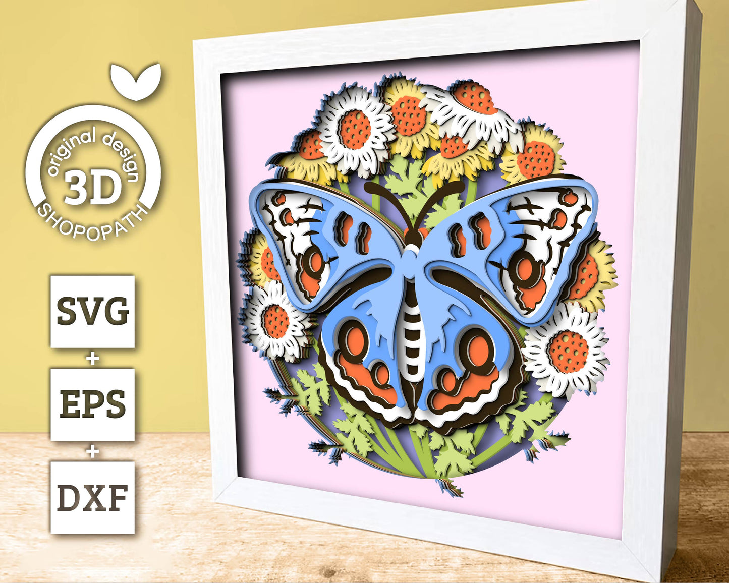 3D Butterfly Shadow Box SVG, Buckeye 3D Svg, Layered Wild Flowers SVG, Spring Shadow Box, Floral Papercut svg, Cornflower, Cricut Silhouette
