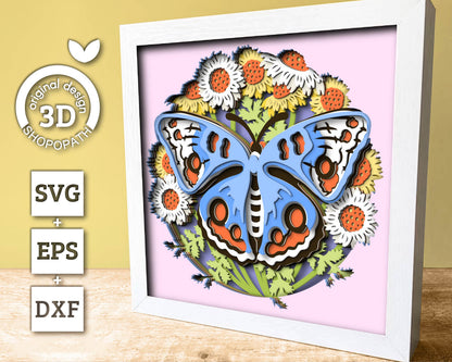 3D Butterfly Shadow Box SVG, Buckeye 3D Svg, Layered Wild Flowers SVG, Spring Shadow Box, Floral Papercut svg, Cornflower, Cricut Silhouette