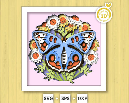 3D Butterfly Shadow Box SVG, Buckeye 3D Svg, Layered Wild Flowers SVG, Spring Shadow Box, Floral Papercut svg, Cornflower, Cricut Silhouette