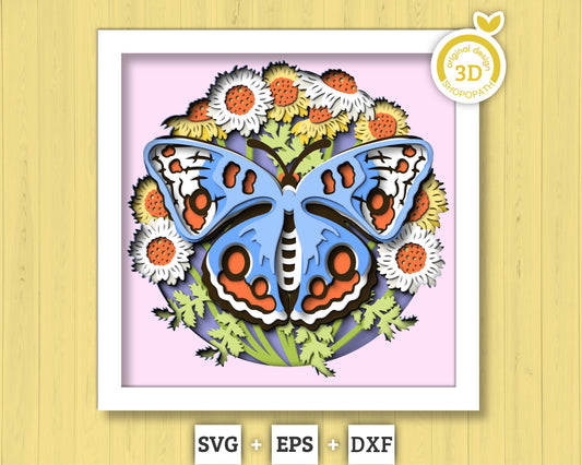 3D Butterfly Shadow Box SVG, Buckeye 3D Svg, Layered Wild Flowers SVG, Spring Shadow Box, Floral Papercut svg, Cornflower, Cricut Silhouette