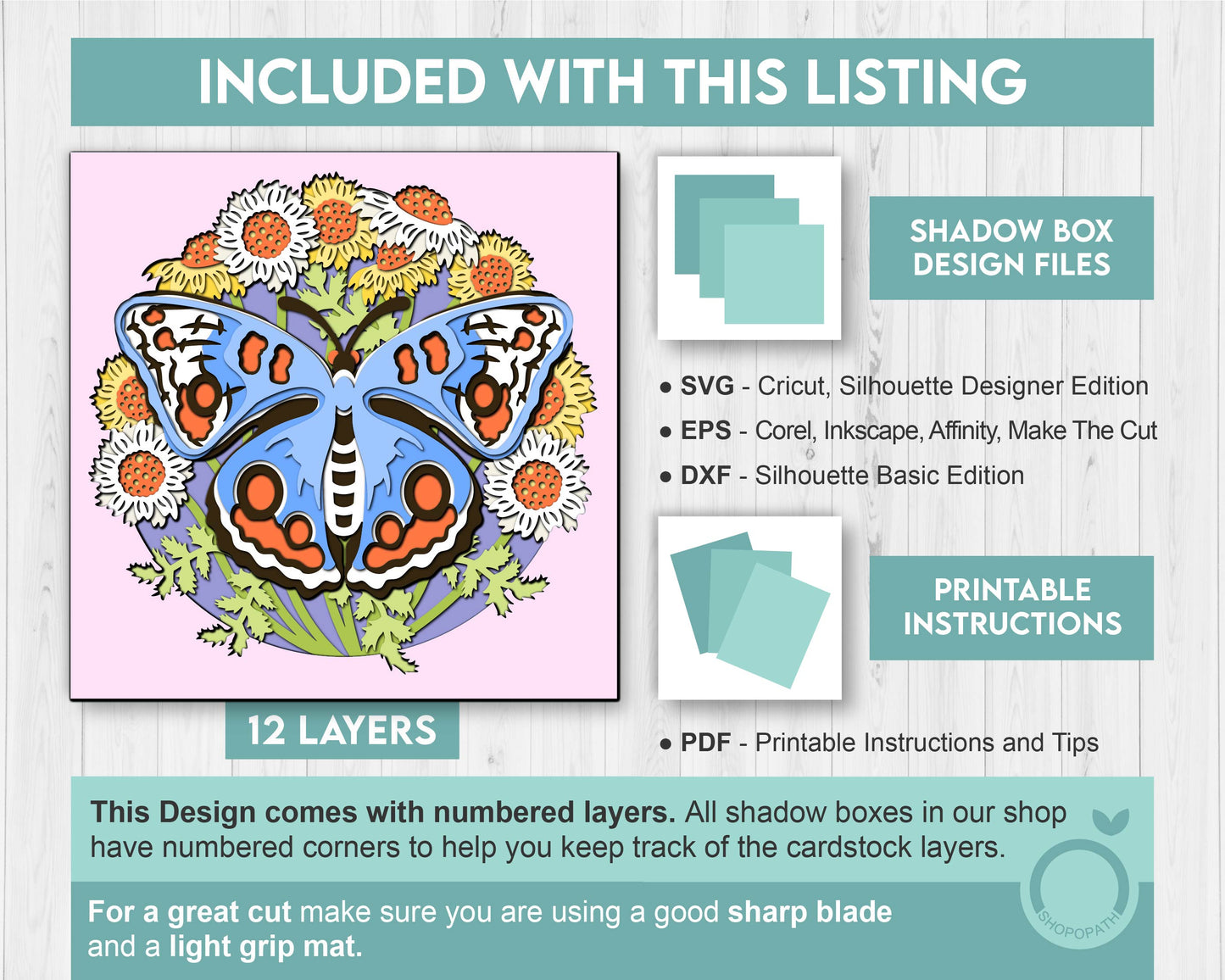 3D Butterfly Shadow Box SVG, Buckeye 3D Svg, Layered Wild Flowers SVG, Spring Shadow Box, Floral Papercut svg, Cornflower, Cricut Silhouette
