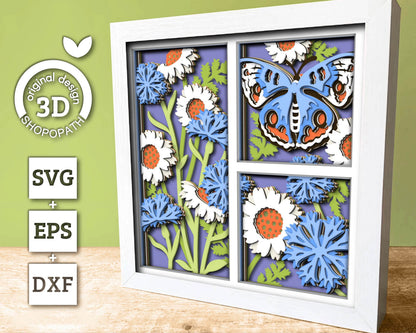 Buckeye Butterfly with Wildflowers Panels - 3D Shadow Box Layered SVG DXF EPS (Cutting Files)