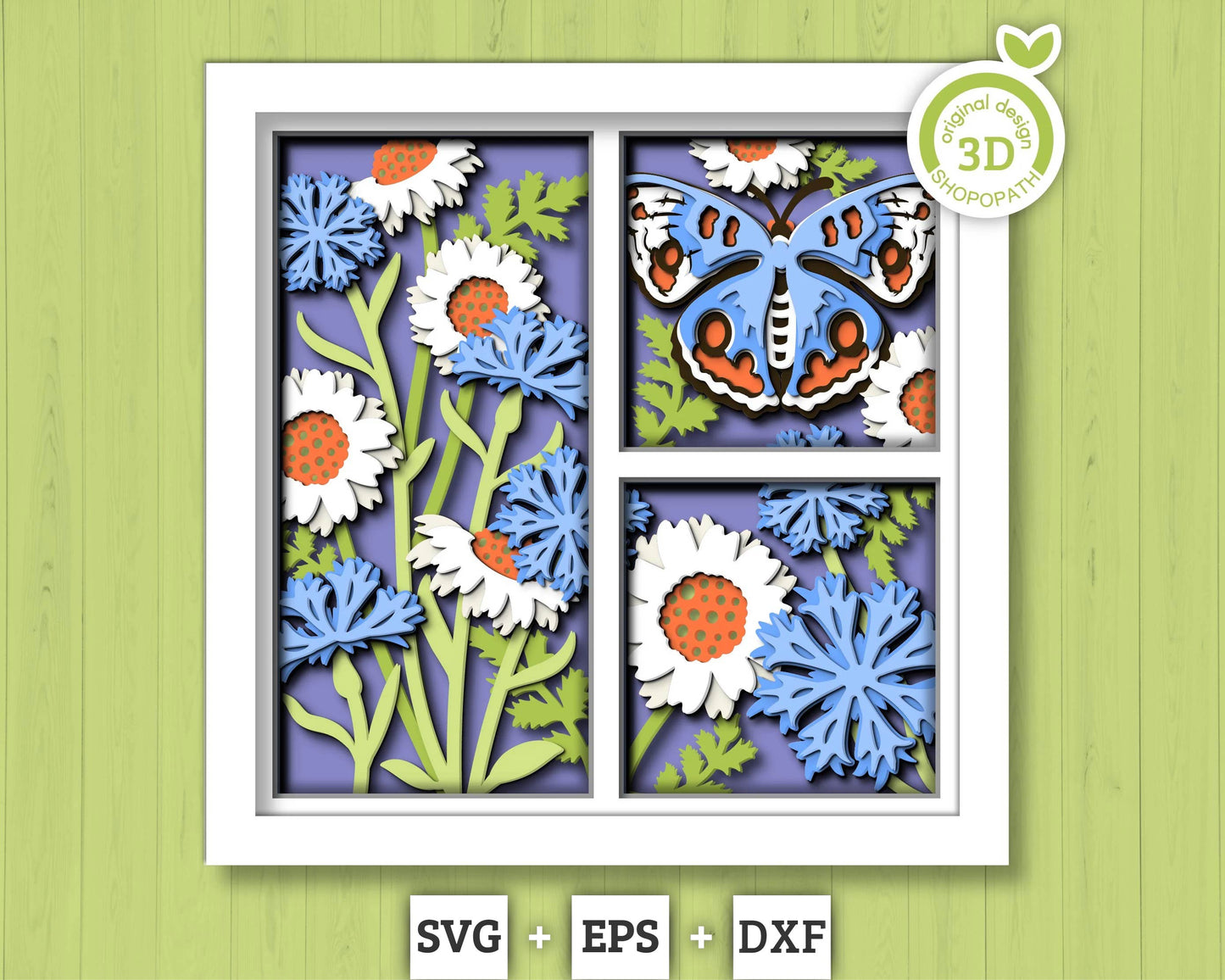 Buckeye Butterfly with Wildflowers Panels - 3D Shadow Box Layered SVG DXF EPS (Cutting Files)