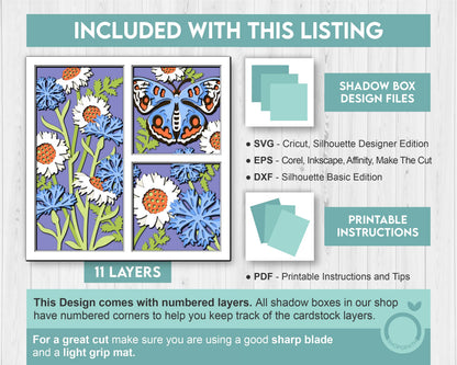 Buckeye Butterfly with Wildflowers Panels - 3D Shadow Box Layered SVG DXF EPS (Cutting Files)