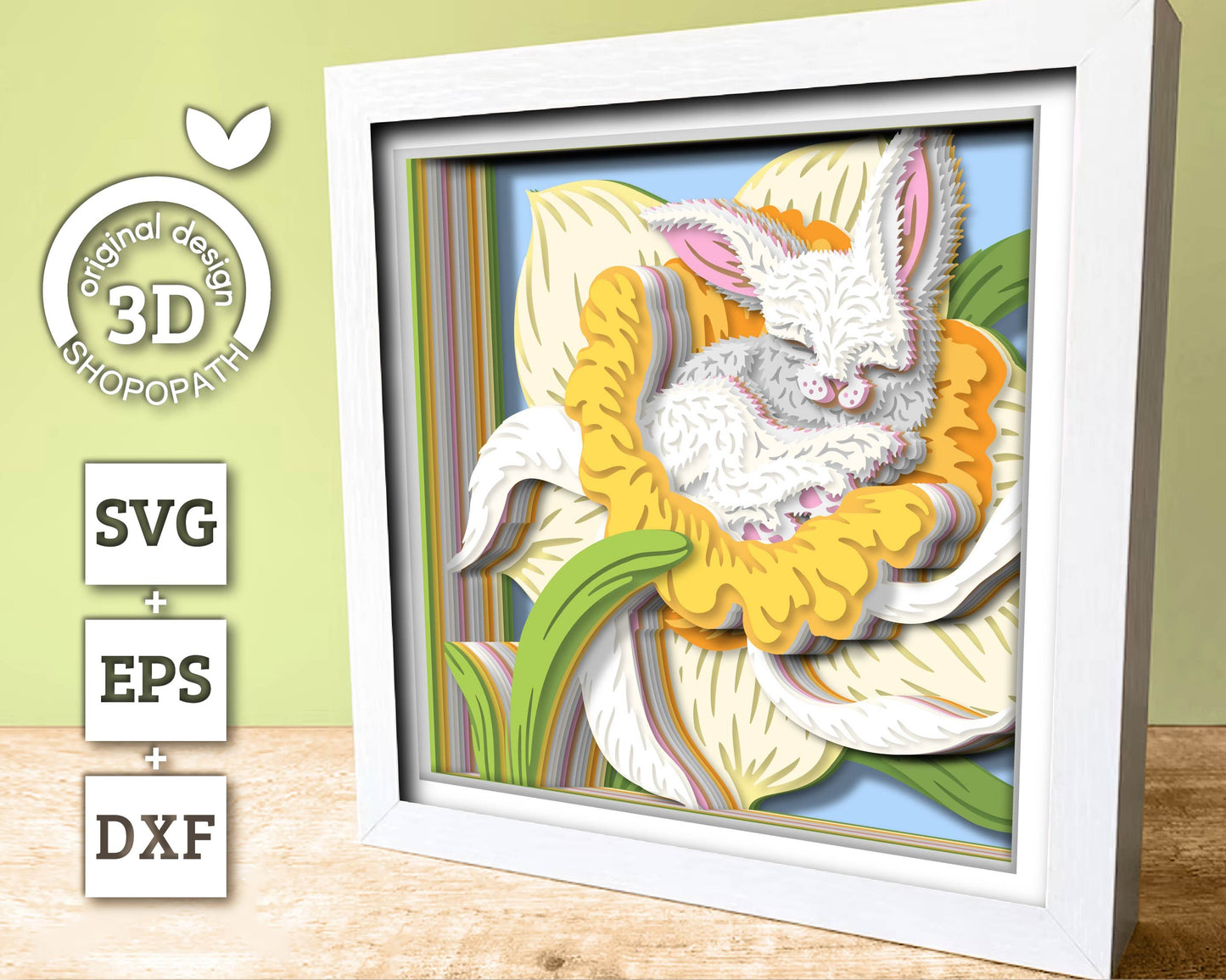 3D SVG Bunny Sleeping in Daffodil Shadow Box, 3D Svg Bunny, Spring Shadow Box 3D Svg, 3D DXF Daffodil, Easter Bunny DXF, Cricut Silhouette